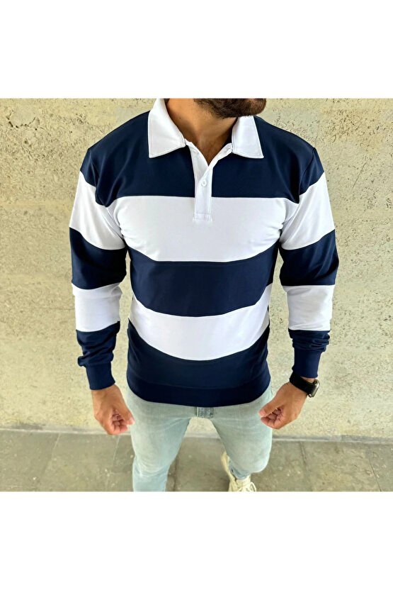 Erkek Polo Yaka Uzun Kollu Çizgili Sweatshirt Trend Rugby Stil - Lacivert