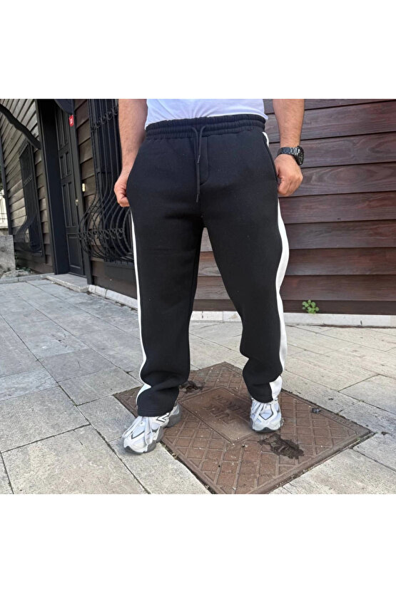 Erkek Üç İplik Kışlık Pamuklu Yandan Garneli Kalın Şeritli Cepli Eşofman Altı - Siyah