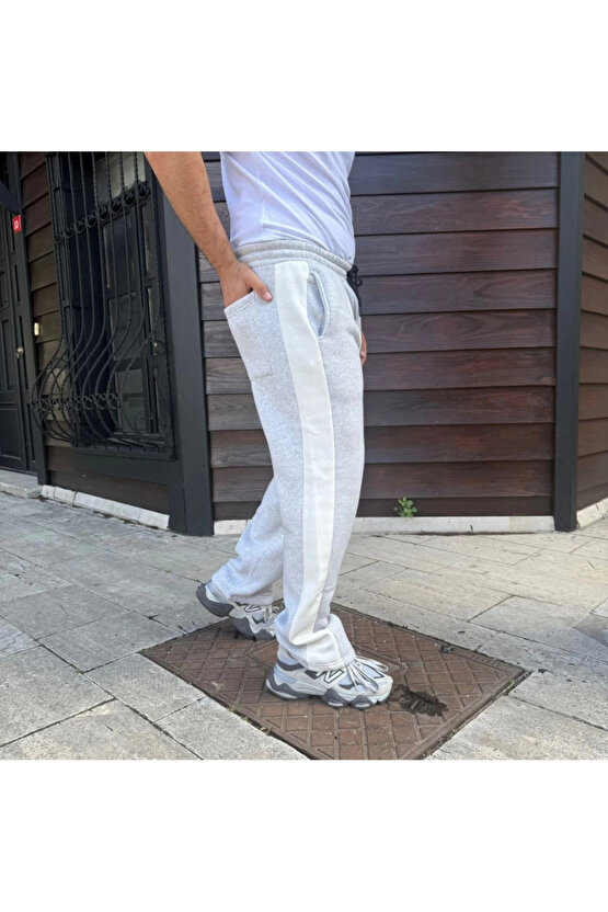 Erkek Üç İplik Kışlık Pamuklu Yandan Garneli Kalın Bej Şeritli Cepli Eşofman Altı - Gri