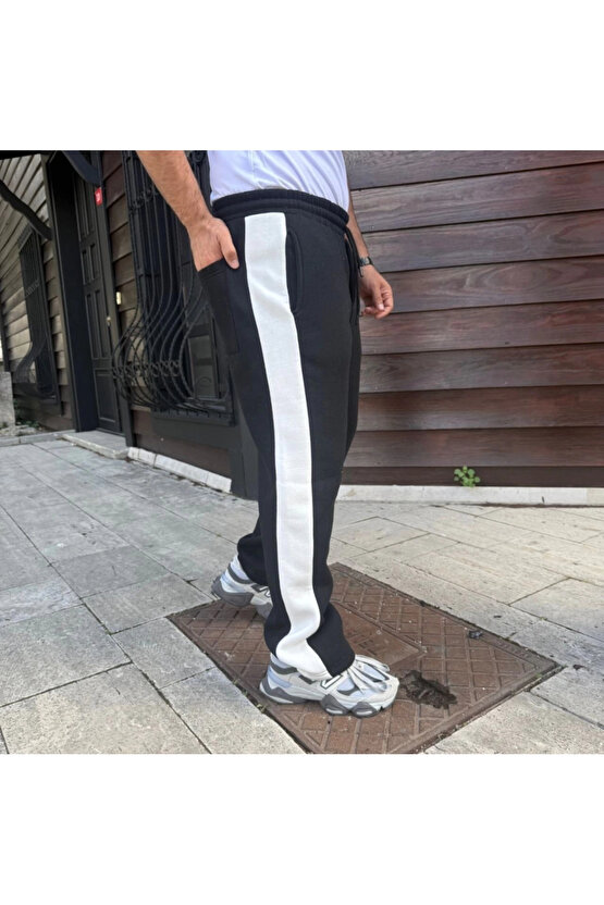 Erkek Üç İplik Kışlık Pamuklu Yandan Garneli Kalın Şeritli Cepli Eşofman Altı - Siyah