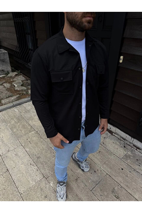 Erkek Diagonal Kumaş Cepli Çıtçıtlı uzun Kollu, Gömlek Oversize Rahat Kalıp Günlük Şık Stil - Siyah