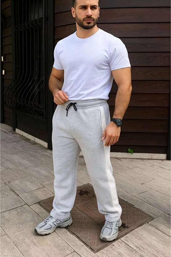 Erkek Üç İplik Kışlık Pamuklu Yandan Garneli Kalın Bej Şeritli Cepli Eşofman Altı - Gri