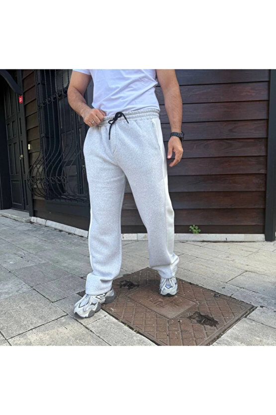 Erkek Üç İplik Kışlık Pamuklu Yandan Garneli Kalın Bej Şeritli Cepli Eşofman Altı - Gri