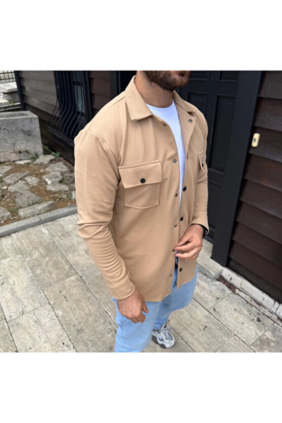 Erkek Diagonal Kumaş Cepli Çıtçıtlı uzun Kollu, Gömlek Oversize Rahat Kalıp Günlük Şık Stil - Bej