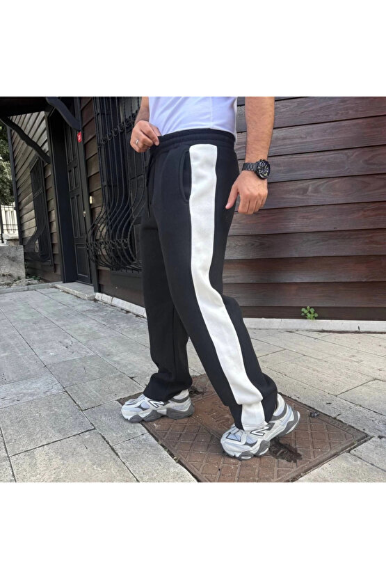 Erkek Üç İplik Kışlık Pamuklu Yandan Garneli Kalın Şeritli Cepli Eşofman Altı - Siyah