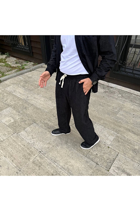 Erkek Fitilli Kadife Cepli Buggy Pantolon Oversize Rahat Kalıp - Siyah