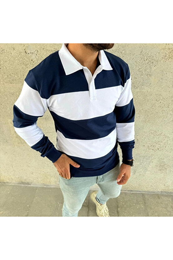 Erkek Polo Yaka Uzun Kollu Çizgili Sweatshirt Trend Rugby Stil - Lacivert