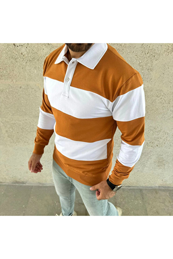 EQURİ Erkek Polo Yaka Uzun Kollu Çizgili Sweatshirt Trend Rugby Stil - Turuncu
