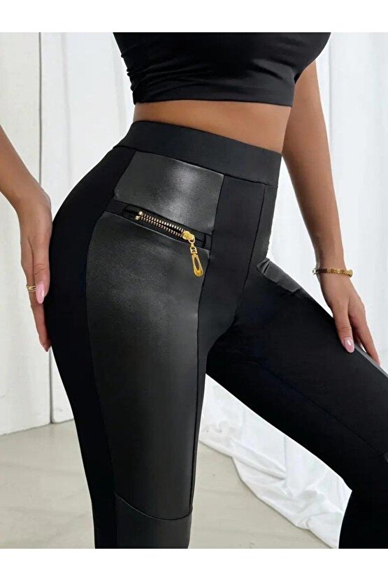 Kadın Yüksek Bel Yan şerit Deri Detay Fermuarlı Dalgıç Tayt