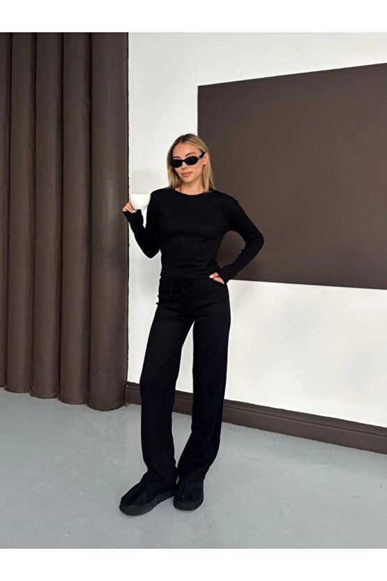 Kadın Bisiklet Yaka Parmak Geçme Detay Uzun Kollu Bluz Ve Pantolon Ikili Takım