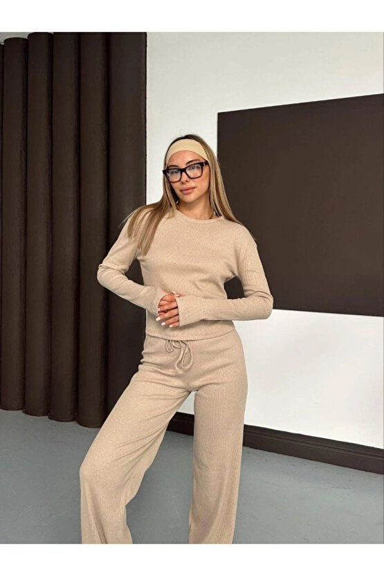 Kadın Bisiklet Yaka Parmak Geçme Detay Uzun Kollu Bluz Ve Pantolon Ikili Takım