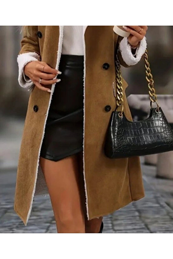 Kadın Uzun Kollu Yakalı Düğmeli Süet Mini Manto