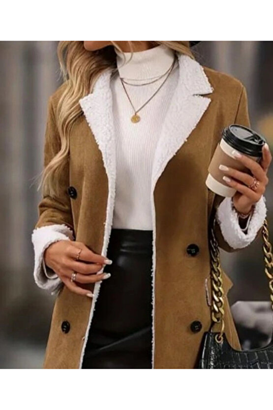 Kadın Uzun Kollu Yakalı Düğmeli Süet Mini Manto