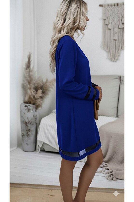 EQURİ Kadın Uzun Kollu V Yakalı Tül şerit Detaylı Mini Krep Elbise