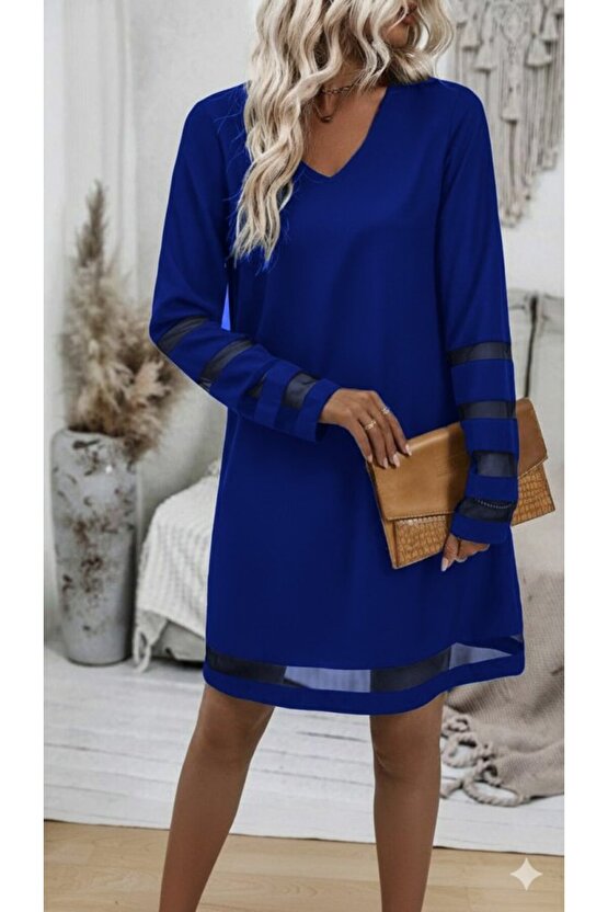 EQURİ Kadın Uzun Kollu V Yakalı Tül şerit Detaylı Mini Krep Elbise