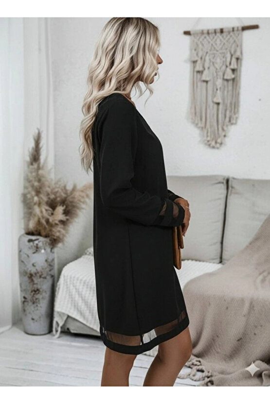 Kadın Uzun Kollu V Yakalı Tül şerit Detaylı Mini Krep Elbise