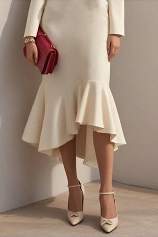 Kadın Uzun Kollu Yakalı Belden Oturtmalı Midi Ithal Krep Elbise