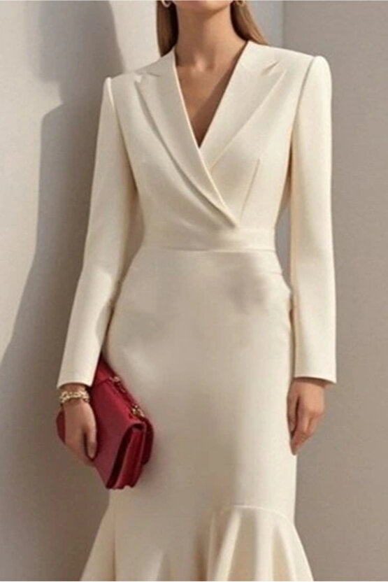 Kadın Uzun Kollu Yakalı Belden Oturtmalı Midi Ithal Krep Elbise