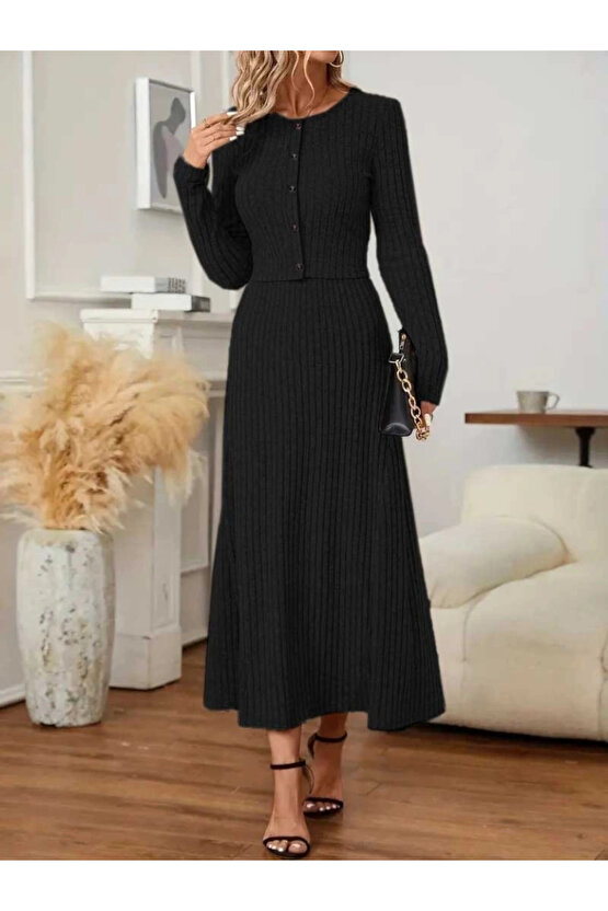 Kadın Uzun Kollu önden Düğmeli Bluz Ve Yüksek Bel A Kesim Uzun Etek şardonlu Kaşkorse Ikili Takım