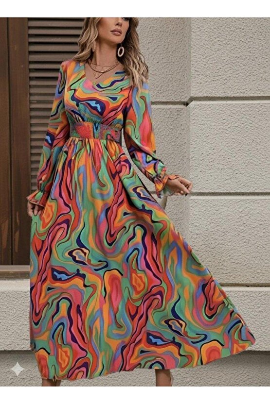 Kadın Uzun Kollu V Yakalı Desenli Maxi Süprem Elbise