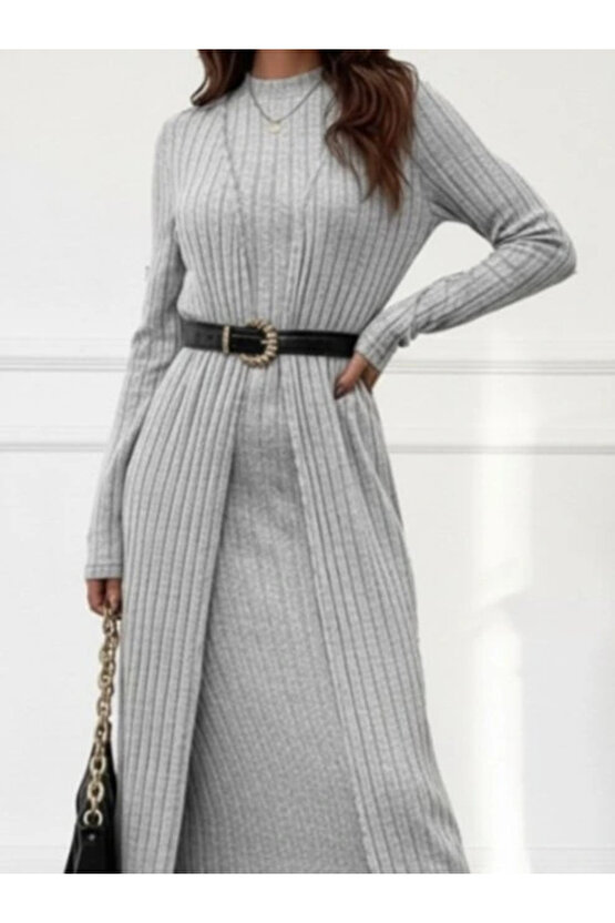 Kadın Uzun Kollu Yarı Balıkçı Yaka şardonlu Kaşkorse Elbise Ve Uzun Hırka Ikili Takım