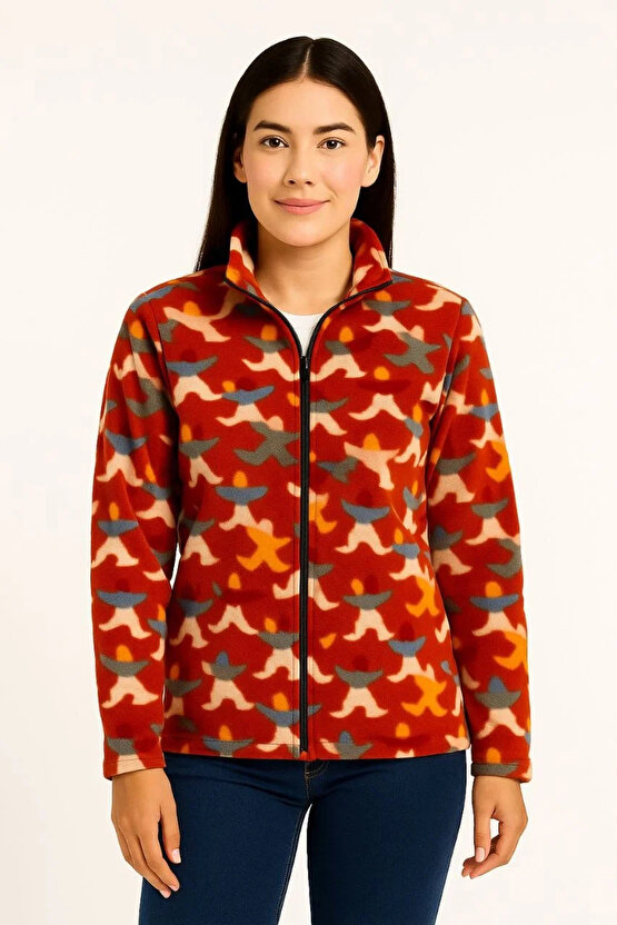 Kadın Tam Fermuarlı Desenli Polar Sweat – Siyah Multicolor Figür Desen Yakalı, Uzun Kollu, Oversize