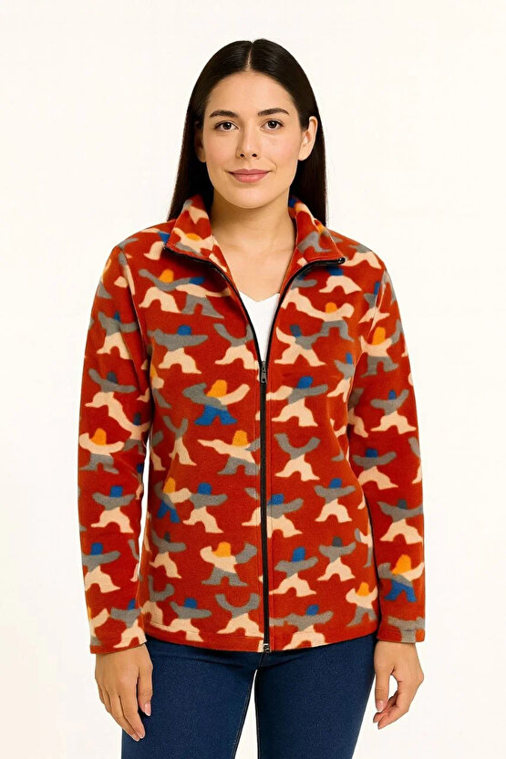 Kadın Tam Fermuarlı Desenli Polar Sweat – Siyah Multicolor Figür Desen Yakalı, Uzun Kollu, Oversize