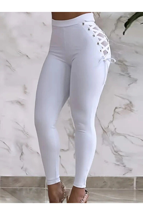 Kadın Yüksek Bel çapraz Bağcıklı Tül Detaylı Dalgıç Tayt