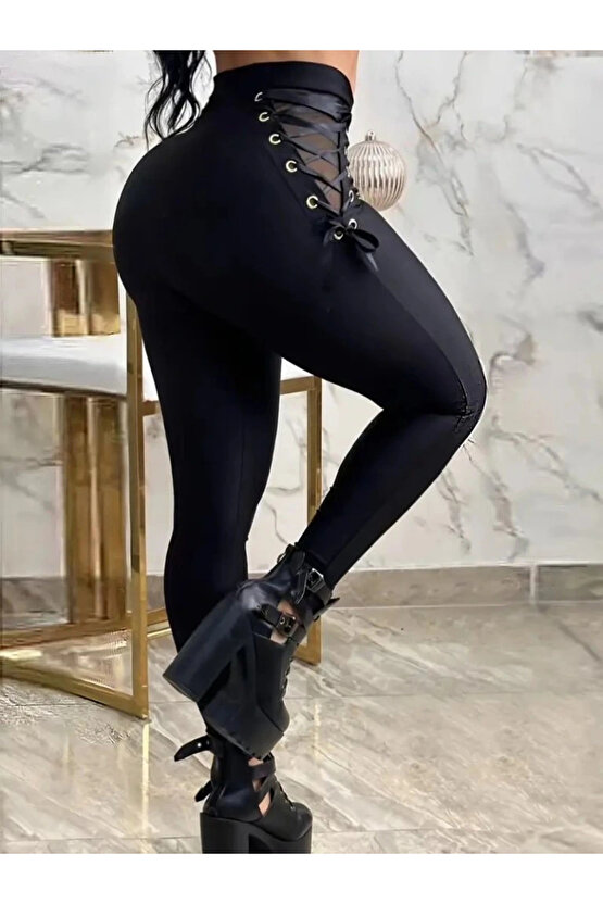 Kadın Yüksek Bel çapraz Bağcıklı Tül Detaylı Dalgıç Tayt