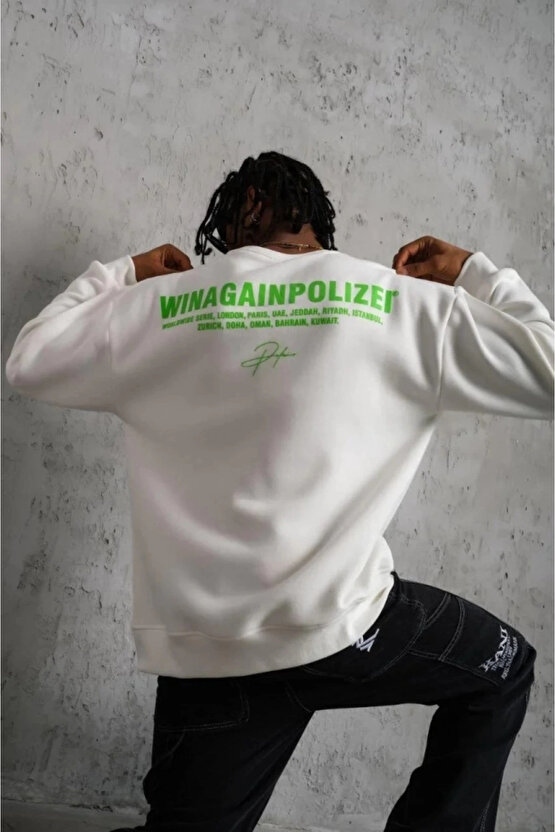 Erkek Oversize Sweatshirt – Beyaz Renk Ön Ve Sırt Baskılı, Üç İplik İçi Pamuklu Kumaş, Rahat Kalıp,