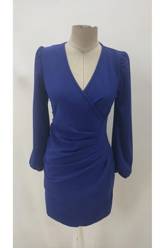 Kadın Uzun Kollu Kruvaze Yakalı Yanlardan Büzgü Detaylı Ithal Krep Kısa Elbise