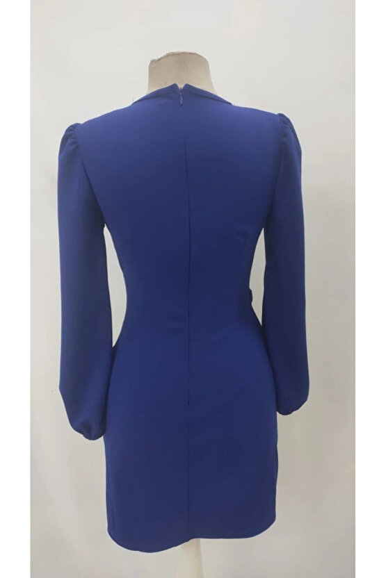 Kadın Uzun Kollu Kruvaze Yakalı Yanlardan Büzgü Detaylı Ithal Krep Kısa Elbise