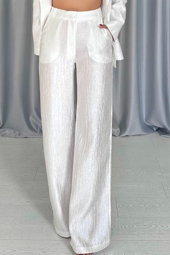 Ekru Beli Kuşaklı Ceket Ve Pantolon Parlak Takım