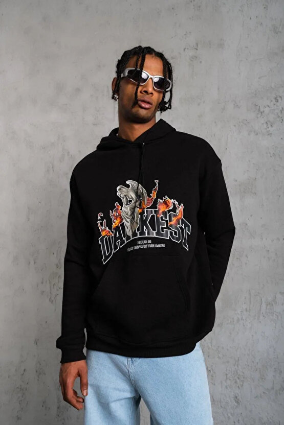 Erkek Oversize Kapüşonlu Sweatshirt – Siyah Renk Üç İplik İçi Pamuklu Kanguru Cepli Baskılı Hoodie R