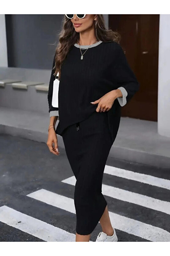 Kadın Uzun Kollu Yakası Açık şardonlu Kaşkorse Bluz Ve Eteği Bağcıklı Ikili Takım