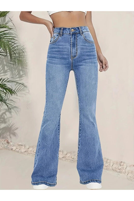 Kadın Yüksek Bel İspanyol Paça Kot Pantolon