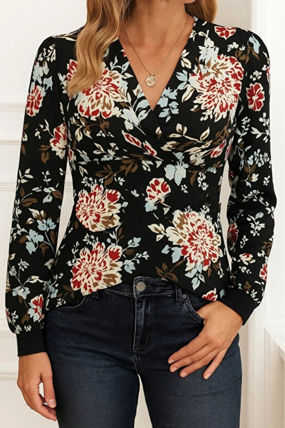 Kadın Uzun Kollu Kruvaze Yakalı Kelebek Desenli şardonlu Dalgıç Bluz