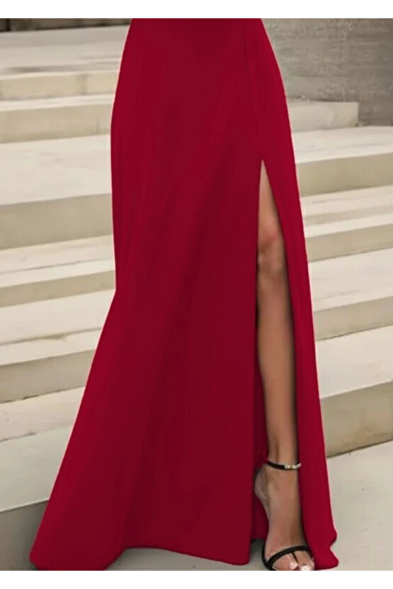 Kadın Uzun Kollu Madonna Yakalı Yırtmaç Detaylı Uzun Ithal Krep Elbise