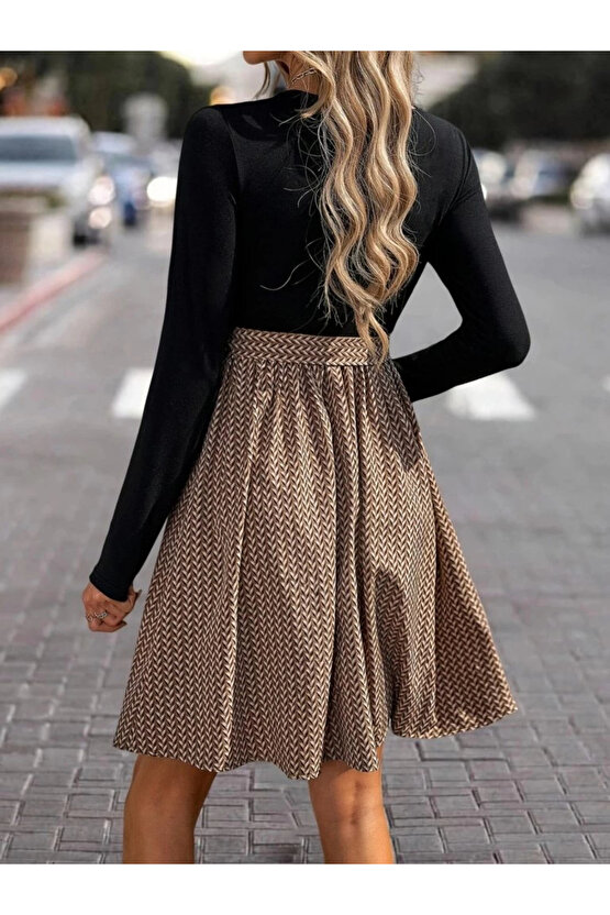 Kadın Uzun Kollu Yuvarlak Yaka üst Viskon Alt Süprem Midi Elbise