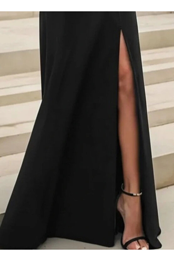 Kadın Uzun Kollu Madonna Yakalı Yırtmaç Detaylı Uzun Ithal Krep Elbise