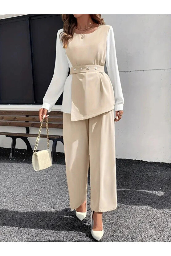 Kadın Uzun Kollu Açık Yakalı çift Renkli Kemerli Ithal Krep Ikili Takım