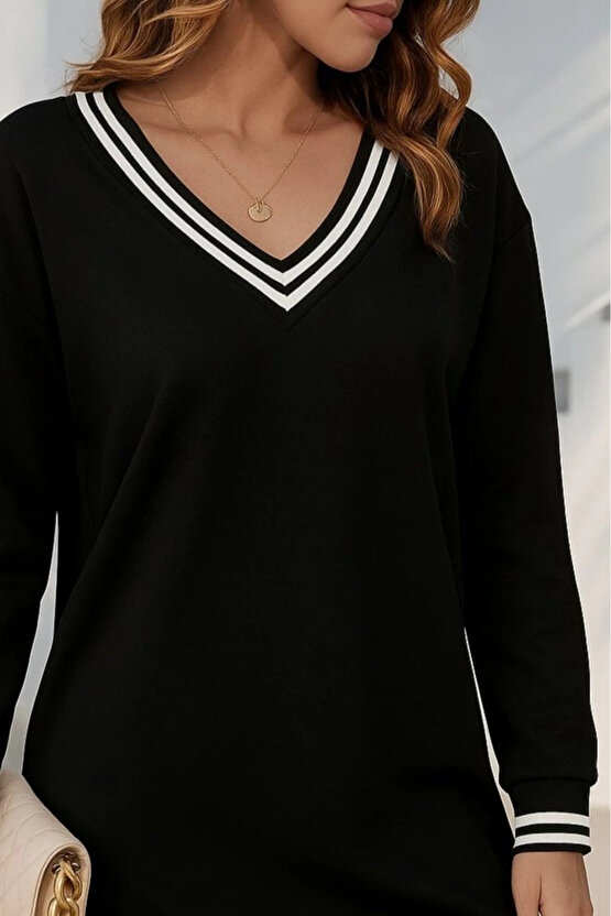 Kadın Uzun Kollu V Yakalı şerit Detaylı Kısa Viskon Iki Iplik Elbise