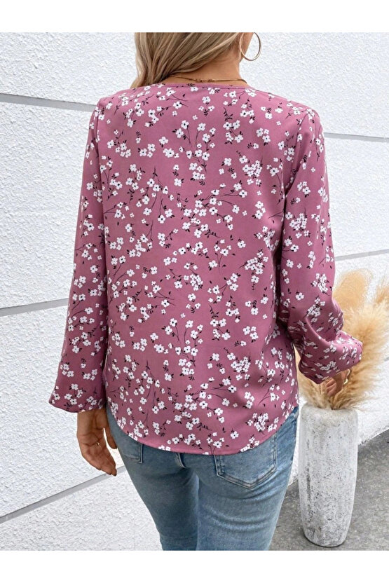 Kadın Uzun Kollu V Yakalı çiçek Desenli Modal Bluz