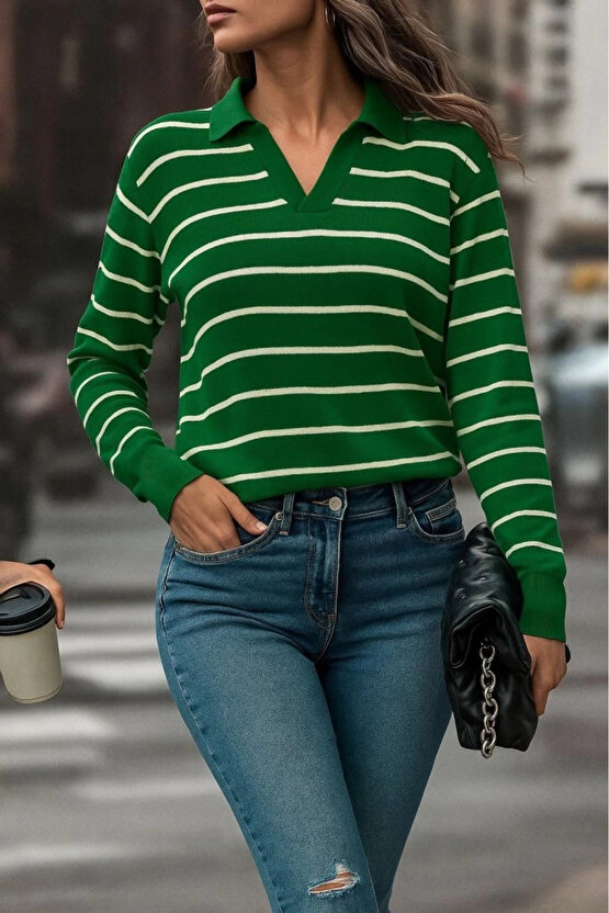 Kadın Uzun Kollu V Yaka çizgili Triko Bluz