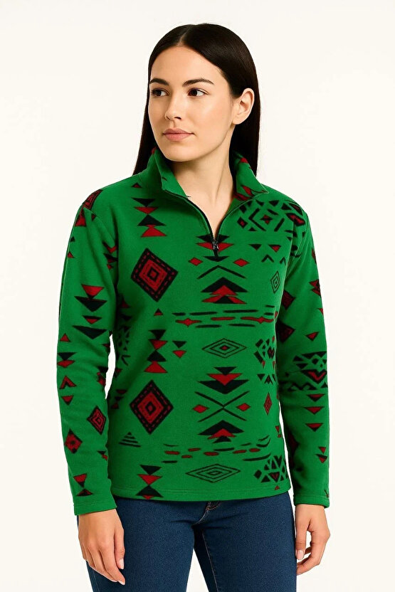 Kadın Yarım Fermuarlı Desenli Polar Sweat Tribal Etnik Desen Yakalı, Uzun Kollu, Oversize Rahat Kalı