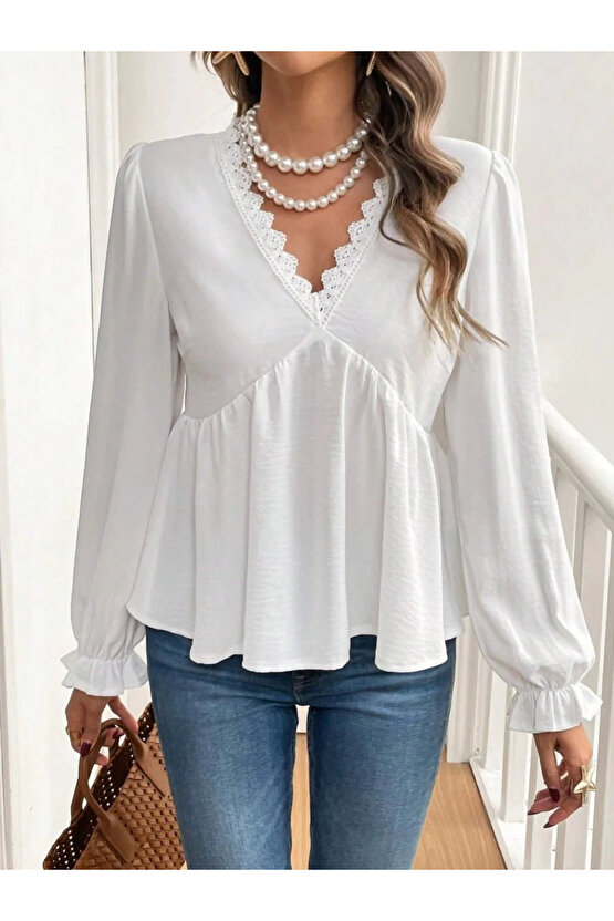 Kadın Uzun Kollu V Dantel Yaka Aerobin Bluz