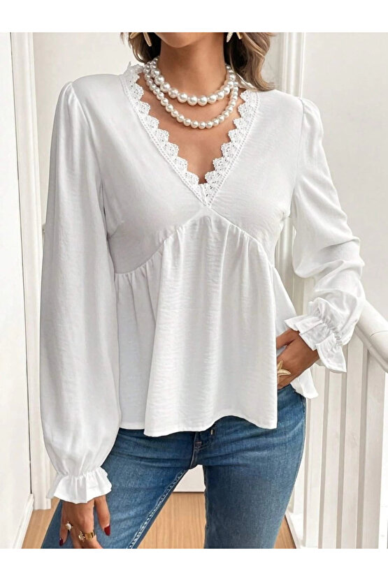 Kadın Uzun Kollu V Dantel Yaka Aerobin Bluz