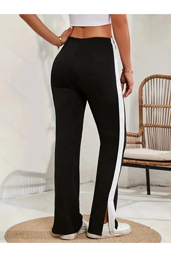 Kadın Yüksek Bel Yan şerit Detaylı Yırtmaçlı Viskon Iki Iplik Pantolon
