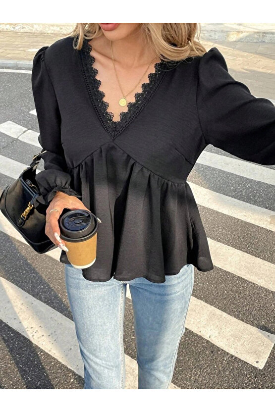 Kadın Uzun Kollu V Dantel Yaka Aerobin Bluz