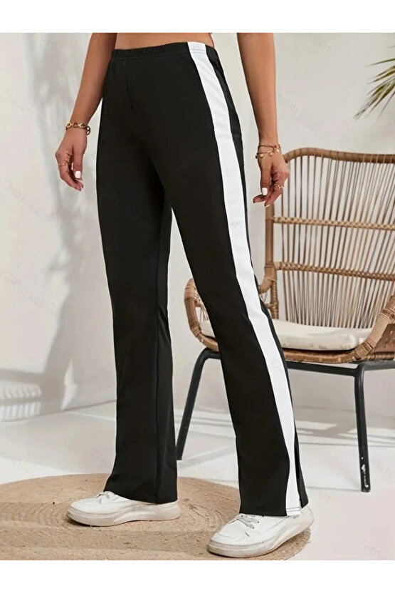 Kadın Yüksek Bel Yan şerit Detaylı Yırtmaçlı Viskon Iki Iplik Pantolon